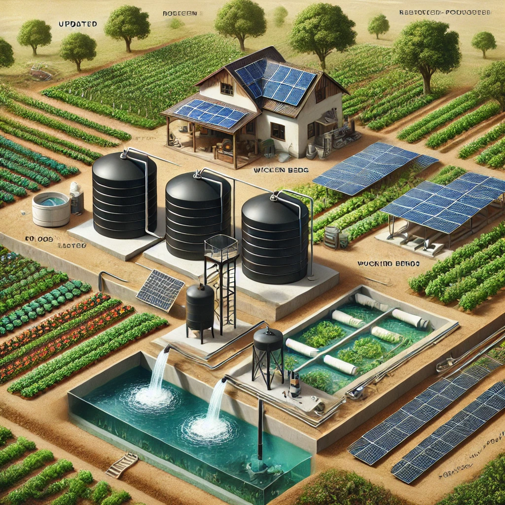 A vibrant illustrated infographic showing a sustainable water management system on a farm in a semi-arid region. The setup includes two 10,000-liter black plastic tanks on concrete platforms, a solar-powered well, a reverse osmosis system, two smaller elevated tanks near a farmhouse, an underground pond for overflow, lush green crops, wicking beds, and an aquaponic system. The entire system is solar-powered, with solar panels visible near the house, emphasizing eco-friendly farming practices.