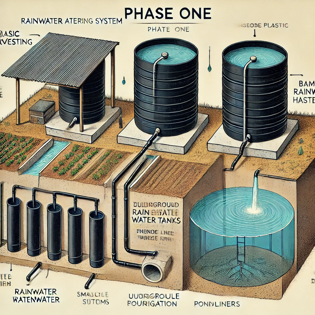 An illustrated infographic showing a basic rainwater harvesting system for Phase One on a farm. The system includes two 10,000-liter black plastic tanks on concrete platforms, an underground reservoir with pond liners for overflow, and pipes leading to small-scale irrigation systems. The layout features rainwater harvesting infrastructure, crops, and visual representations of water distribution. This is a conceptual depiction rather than a technical plan.